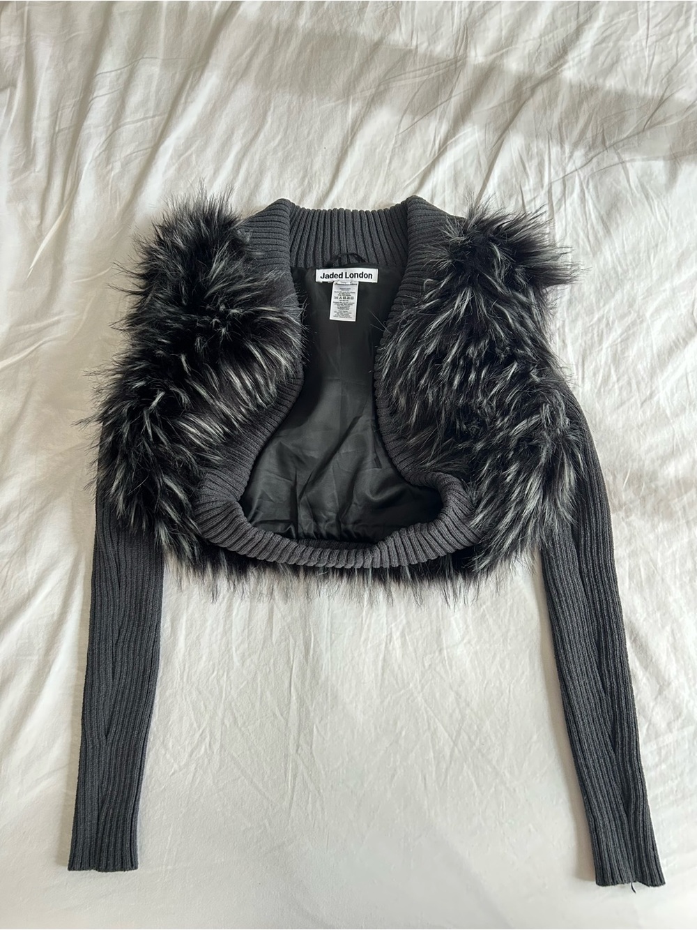 Jaded London Black Ribbed Cropped Sweater with Faux Fur Collar